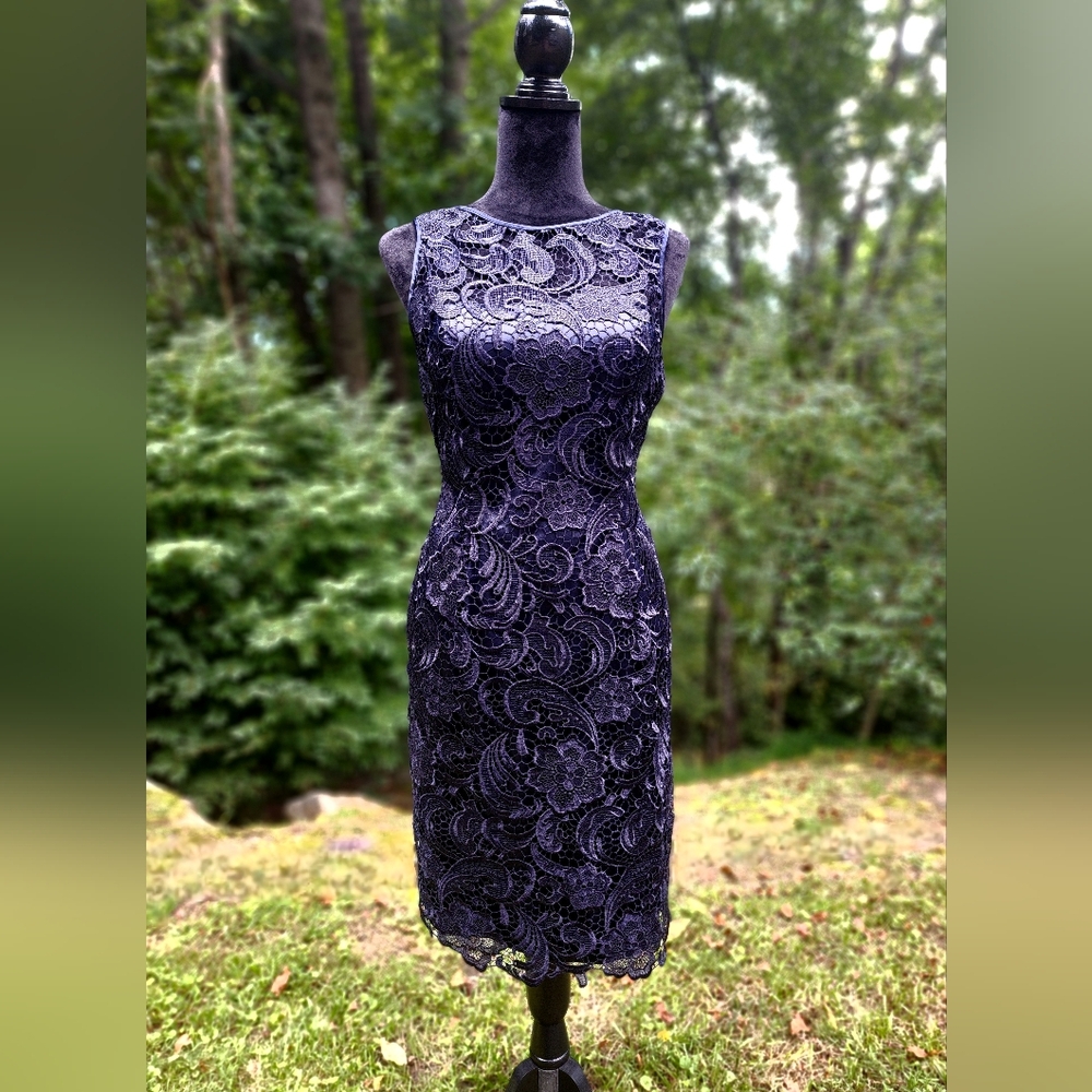 Adrianna Papell Navy Blue Lace Sheath Dress - Picture 4 of 5